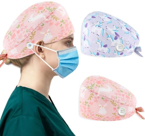 NHQ 2 Stück OP Haube,OP Hauben Damen,OP Haube Herren,Kochhaube,Verstellbar mit Knopf Arbeitskappe Baumwolldruck Kranken schwesternkappe Unisex Staubhauben Kappe