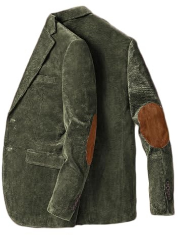 Stillluxury Giacca blazer con toppa al gomito per uomo monopetto in velluto a coste casual cappotto sportivo con risvolto tacca smoking da sposa, Verde militare, S