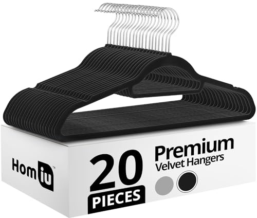 Homiu Velvet Hanger 20 Pack | Non-Slip Coat Hangers Adult with 360° Swivel Hook & Tie Bar | Slim Wardrobe Organiser for Home Storage & Bedroom Accessories | Hangers for Clothes, Space-Saving