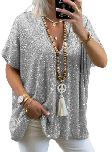 Asoodiy Damen-Pailletten-Top, glitzernd, V-Ausschnitt, kurzärmelig, Glitzer-Oberteil, Party, Club, Blusen, lockere Passform, weiß/silberfarben, 3XL