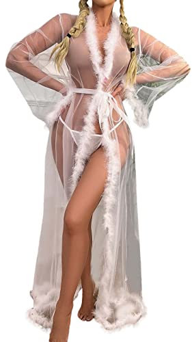 2025 - Robe sexy en tulle - Lingerie longue - Chemise de nuit - Peignoir de nuit - Plume - Robe de mariée - Lingerie sexy pour femme enceinte, Blanc., L