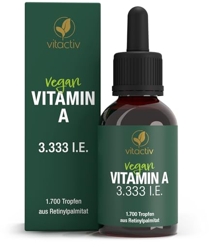 VITACTIV Vitamin A Tropfen Hochdosiert - 50ml, 1700 Drops für 850 Tage) - 1000µg (3333 IE) A-Vitamin pro Tag - Hoch Bioverfügbares Retinylpalmitat, MCT Öl - Aus Deutschland, Laborgeprüft, Vegan