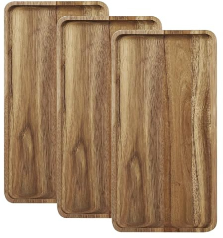 YUANQIAN Acacia Wooden Serving Tray - Wooden Charcuterie Board - Rectangle Wood Platter for Serving Food, Fruit & Cheese Board 35cmx18cm Wood Dessert Trays (3)