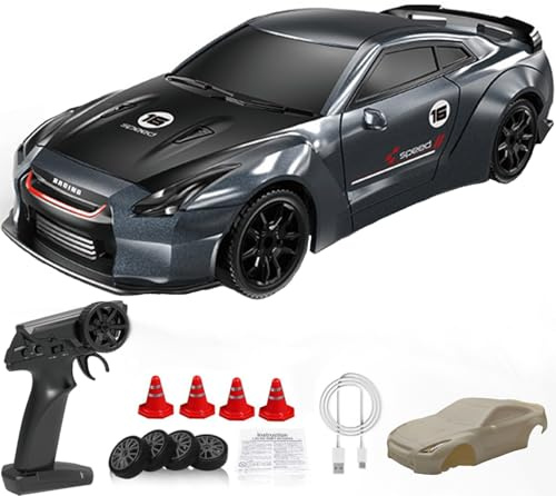 KAIMIO 1:43 Scale Drift RC Car with Gyro Mini Full Proportional RTR 2.4GHZ Remote Control with RGB Lights and a Replaceable Body Shell (8503-Schwarz)