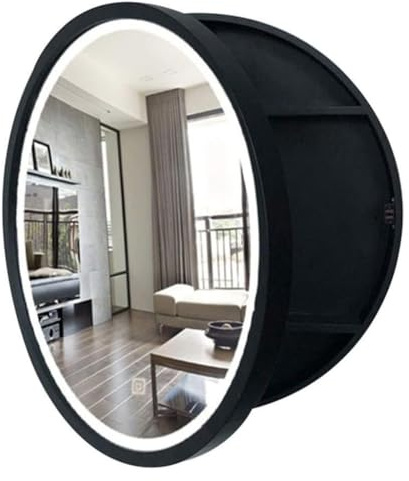 XMDEUR Runder Badezimmerspiegelschrank mit Beleuchtung, 50/60/70 cm Durchmesser, beleuchteter Badezimmerspiegelschrank, an der Wand montierter Spiegelschrank mit 3 Ebenen (Schwarz, 60 x 60 cm)