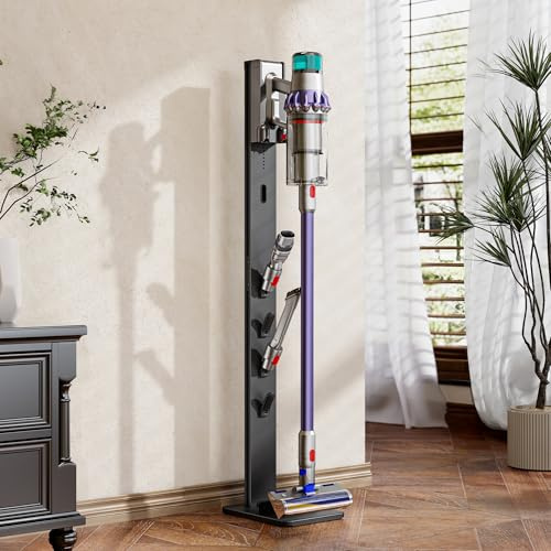 PEGZONE Floor Vacuum Stand for Dyson Gen5 V15 V12 V11 V10 V8 V7 V6, Black | Vacuum Cleaner Stand Holder with 4 Hooks, Floor Cordless Vacuums Attachment Holder, Metal Storage Bracket Organizer