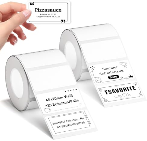 NIIMBOT Etiketten für B1 B21 B3S Etikettendrucker, 40 x 20mm 320 Etiketten pro Rolle, 2 Rollen Selbstklebender Etikettenband Thermo-Etikettenband für Supermärkte, Einzelhandel, Büro, Weiß