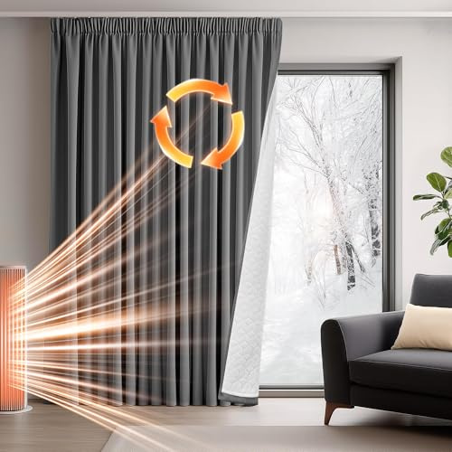 Deconovo Thermovorhang Kälteschutz, Gardinen mit Kräuselband gegen Kälte, Wärmeisolierend Vorhang Verdunkelung Wohnzimmer, 245 x 140(HöhexBreite), Dunkelgrau, 1 Stück