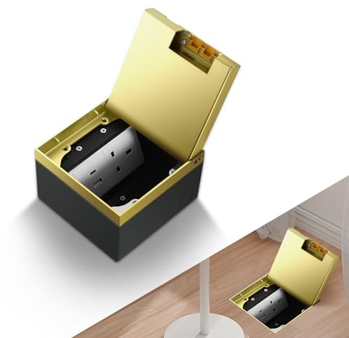 Recessed Hidden Floor Socket Kit, Floor Electrical Outlet Box with 13A Tamper-Resistant Receptacle, Corrosion-Resistant Cover for Kitchen, Office, Public Areas (Golden, USB-A+Type-C)