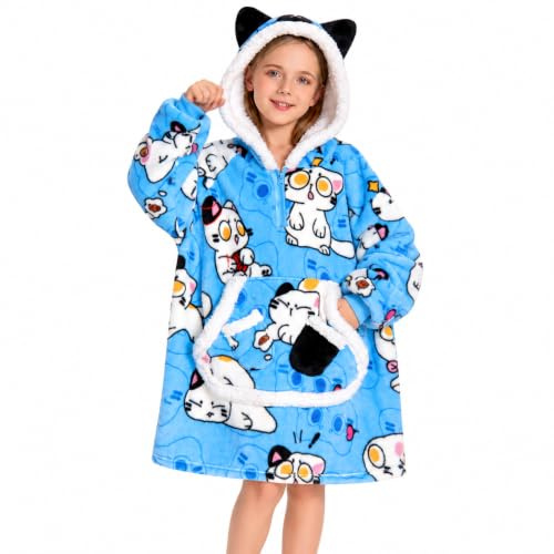 OLAOLA Weiße Katze Decken-Hoodie für Kinder, Weiche Kuscheldecke | Niedliches Katzen-Motiv. Extra weiche und warme Kuscheldecke mit Ärmeln für Kinder, perfekt zum Spielen und Entspannen.