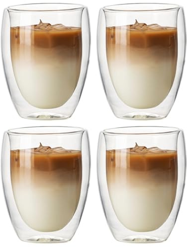 Doppelwandige Kaffeegläser, Latte Macchiato Gläser 350ml, Doppelwandige Gläser, Kaffeetassen Glas, Cappuccino Tassen für Kaffee, Eis, Milch, Saft, Tee, 4er Set