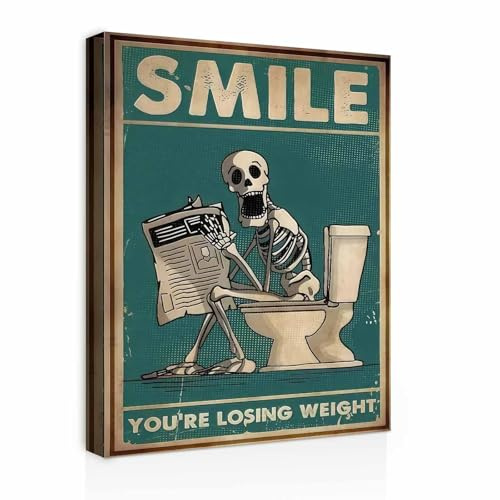 Galmcook Badezimmer Wandbild Leinwandbild mit Rahmen Lustiges Skelett auf Toilette – Humorvolles Kunstdruck Bild für Gäste WC, Toilette oder Bad Wanddeko mit Haken und spurlosen Nägeln 30x40 cm