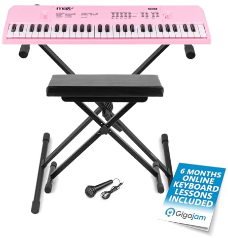 MAX KD54P Pink Portable 54-Key Electronic Keyboard Set for Beginners – Complete Bundle with Foldable Adjustable Stand, Collapsible Bench & Built-In 8hr Battery – Ideal for Kids & Learners