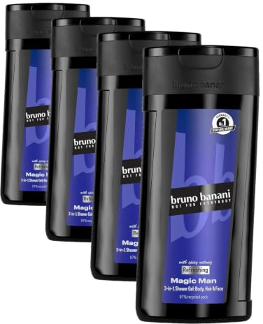 bruno banani Magic Man 3-in-1 Shower Gel für Männer mit holzigem Fougère-Duft, 250ml (Packung mit 4)