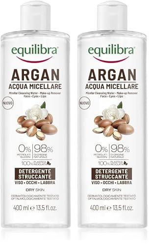equilibra Viso, Argan Acqua Micellare, Struccante Viso e Occhi a Base di Acido Ialuronico e Tensioattivi di Origine Vegetale, Deterge e Strucca con Delicatezza, 400 ml (Confezione da 2)