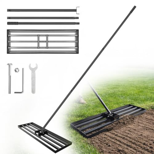 Qdreclod Rakel für Rasen, 75x25cm Nivellierrechen - Rasenrechen mit 213cm verstellbarem Stiel, Hochbelastbarer Bodenrechen für Erde/Sand/Kompost, ideal für Garten & Hinterhof