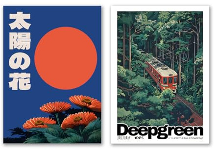 SALVADERO Set 2 Pósters Rising Sun & Deepgreen – Posters Art Japonais Rétro | Arte Mural 250g/m² Mate Sin marco