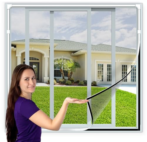 Fly Screens for Windows - Magnetic Fly Screen Adjustable DIY Max 150x130cm Fiberglass Screen Mesh Fits Any Size Smaller with White Window Frames and Grey Mesh