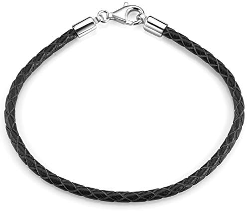 MATERIA by Matthias Wagner Damen Herren Beads Armband Leder 3,2mm schwarz 925 Silber Lederarmband 18-22cm A58, Länge:21 cm