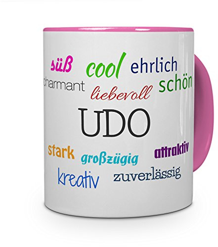 printplanet Tasse mit Namen UDO - Positive Eigenschaften von UDO - Namenstasse, Kaffeebecher, Mug, Becher, Kaffeetasse - Farbe Rosa