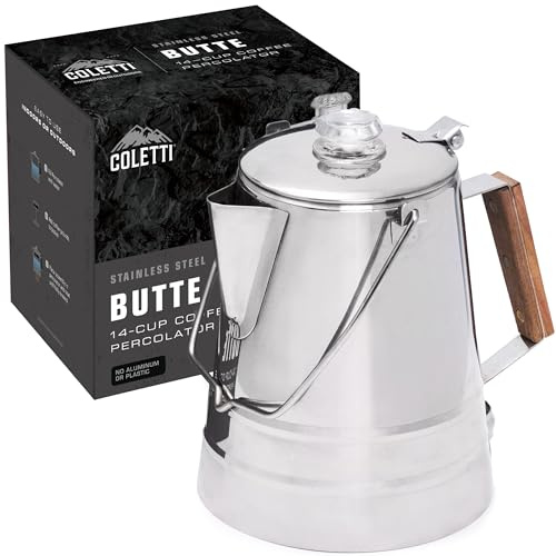 Coletti Butte Scoutmaster Camping-Kaffeekanne – Lagerfeuer-Kaffeekanne – Edelstahl-Kaffeemaschine für draußen oder den Herd (14 Tassen)