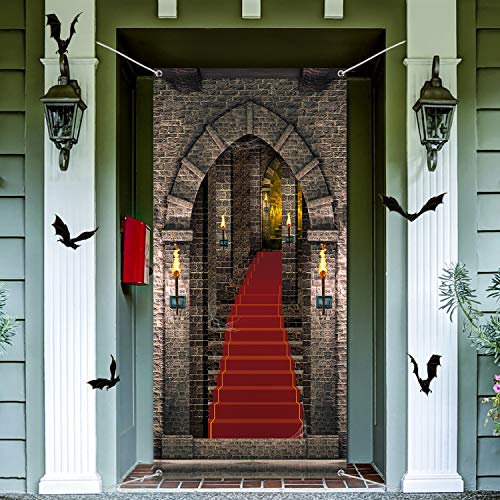 Blulu 3D Schloss Tür Abdeckung Hintergrund Mittelalter Party Dekorationen Stoff Mittelalter Eingang Dekoration für Geburtstag Vampir Halloween Party 2.0 x 0.9 m