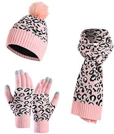 YOUNGSOUL Damen Mütze Schal Handschuhe Set, Warme Winterset Touchscreen Handschuhe Strickmütze mit Leopardenmuster Rosa
