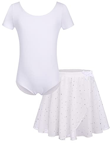 Bricnat Kinder Ballettkleidung Ballettkleid Mädchen Kurzarm Baumwolle Balletttrikot Ballettanzug Tanzkleid Tanzbody mit Rock Tütü Weiß 120
