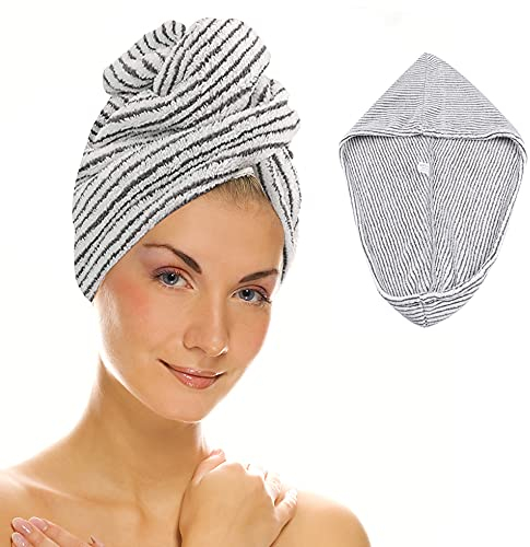 Microfiber Hair Wrap, Soft Anti Frizz Head Towel Super Absorbent Salon Dry Hair Hat for Women Girls (Stripe)