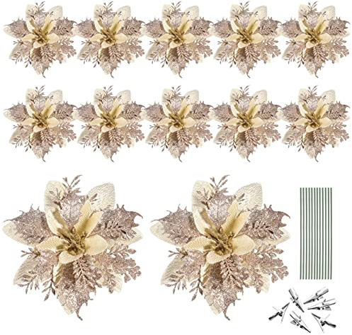 TOYANDONA 12 Stück Weihnachten Weihnachtsstern Blumen Künstliche Glitter Weihnachten Baum Ornamente für Weihnachten Hochzeit Dekorationen mit Stielen Und Clips