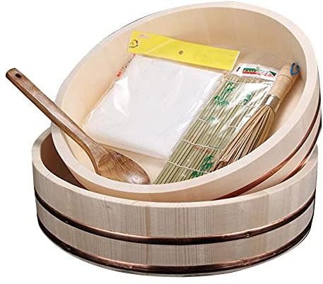 XBSXP Kit de preparación de Sushi de Madera con Lados de Cobre, Adecuado para Platos de Cocina Japonesa y Coreana Sashimi Bibimbap, vajilla de Barril, Cepillo de espátula de Madera grati