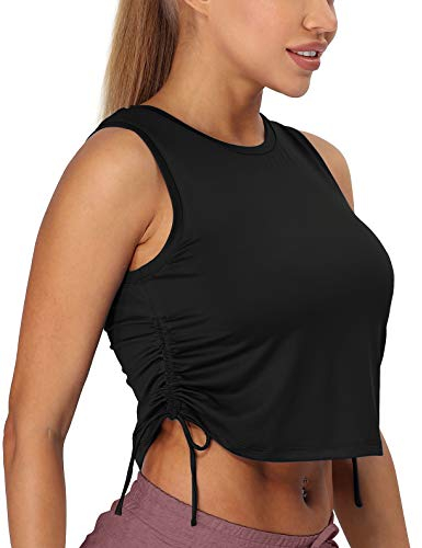 icyzone Damen Sport Fitness Tank Top Cropped Yoga Shirt Rundhals Laufen Oberteile (L, Schwarz)