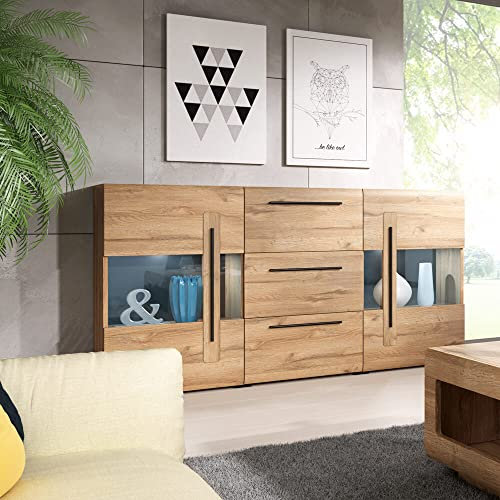 Lomadox Sideboard Eiche Grandson Nb. mit Glas Elementen inkl. LED Beleuchtung, B/H/T: ca. 180/103/39 cm