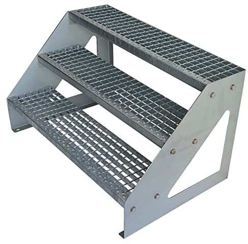 Kaminbau Mierzwa Premium Stahl Treppe Freistehend Verzinkt 3 Stufen (Breite 100 cm) (Höhe 57 cm) Wetterfest Gitterroststufe Gartentreppe