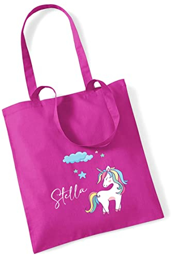 Jutebeutel Einhorn mit eigenem Namen bedruckt | große Stofftasche Baumwolle Unicorn Wolke Sterne | Personalisierter Kitabeutel Mädchen(pink)