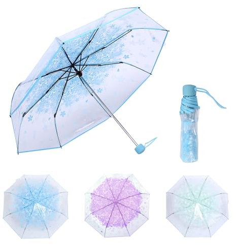 plplaaoo Regenschirm Transparent, Regenschirm, Sakura-Taschenschirm, Regenschirm Durchsichtig, Durchsichtiger Regenschirm, Kirschblüte, Vier Farben, für Mädchen, Jungen(Blau)