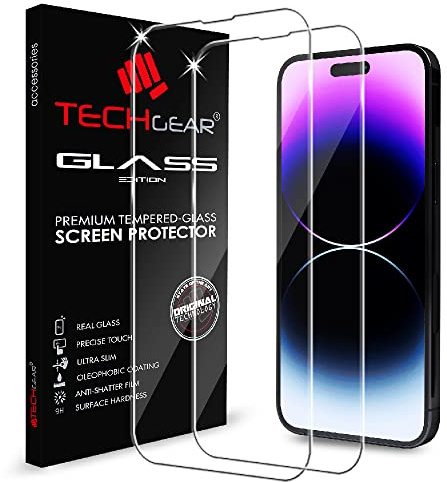 TECHGEAR [2 Pack GLASS Edition for iPhone 14 Pro 6.1, Tempered Glass Screen Protectors Cover [2.5D Round Edge] [9H Hardness] [Crystal Clarity] [Scratch-Resistant] [No-Bubble]