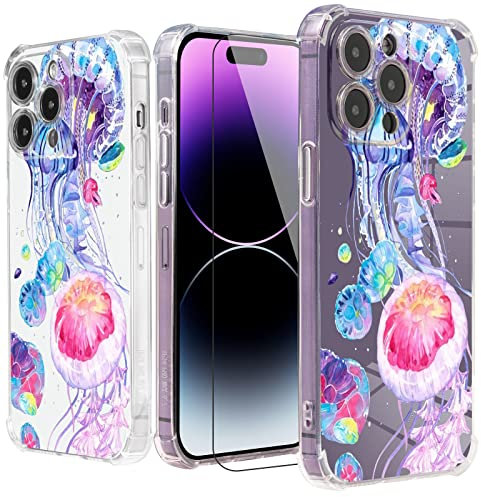 Roemary Phone Case for iPhone 14 Pro with Sea Jellyfish Design, Rainbow Pattern with Screen Protector [Buffertech 6.6 ft Drop Impact] Soft TPU Protective Phone Case Cover for iPhone 14 Pro 6.1 inch