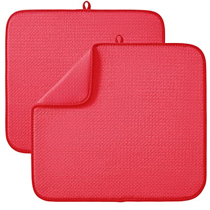 Microfibre Drying Mat for Kitchen Dish Drying Drainer Mat Absorbent Drying Mat Washing Up for Glass, Plate &Cup 40cm x 46 cm 2 Pack Red