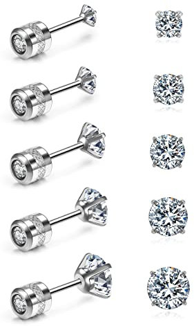 JOVIVI 5 Pairs Silver Surgical Stainless Steel Stud Earrings for Women Men,Double Side Cubic Zirconia Screw Back Studs Earrings Piercing Sleeper Earrings Jewellery 2-6mm