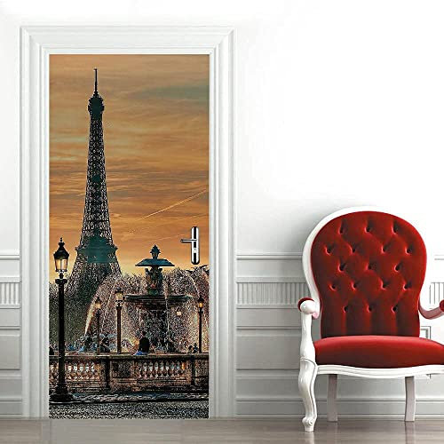Tür Tapeten 3D Selbstklebend Turm Der Nachtstadt Paris Türtapete Wandbild Selbstklebend Wasserdicht Abnehmbar Türfolie Türposter Fototapete Wohnzimmer Schlafzimmer Küche Bad Büro 77 X 200 Cm