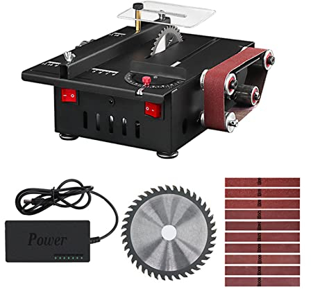 Table Saw Belt Sander,ERYUE Mini sierra de banco y lijadora de banda de 150 W, sierra de mesa circular de velocidad variable, profundidad de corte de 30 mm, lijadora de banco de bricolaje con 10 cintu