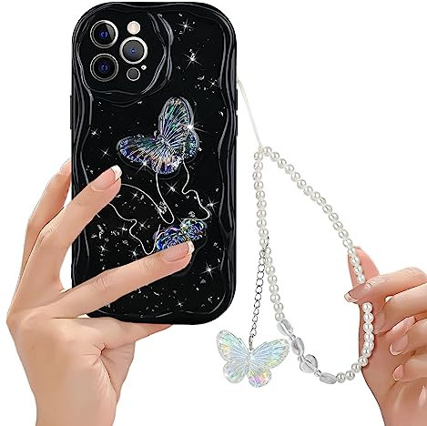 DiyGody Sparkle Case Compatible for iPhone 12 Pro Max with Bracelet Chain, Cute Bling 3D Butterfly Wave Design for Women Girls Soft TPU Shockproof Phone Cover for iPhone 12 Pro max 6.7-Black