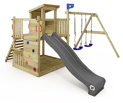 Wickey Aire de Jeux avec Cadre d'escalade Smart Cabin avec balançoire et 220 cm Toboggan, Maison sur pilotis avec Grand bac à Sable, Mur d'escalade – Anthracite