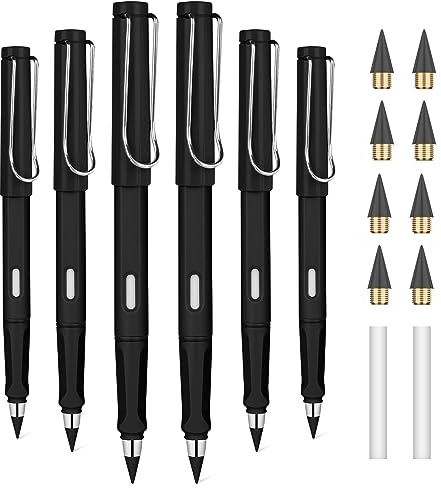 OFFCUP Ewiger Bleistift Metall, 6 Stück Tintenlose Bleistifte Ewig, Unendlicher Bleistift mit Radiergummi, Magischer Bleistifte mit Wechselkopf Magic Pencil Infinity für Erwachsene Studenten -Schwarz