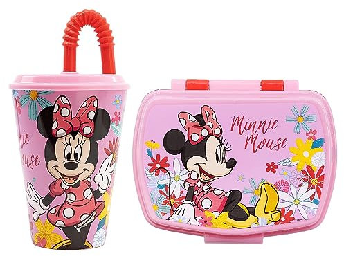 CARTOON 2-teiliges Disney Minnie Mouse Lunch-Set für Kinder, Becher und Brotdose aus Kunststoff, BPA-frei, Becher mit Strohhalm 430 ml und Lunchbox