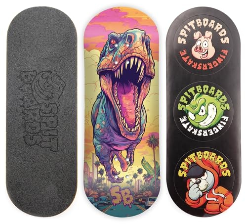 SPITBOARDS 34mm Fingerboard Deck - Real Wood (5-Layers) Classic Popsicle Street Shape - Size: 34 x 96 mm - Single Graphic Deck (Real Wear) - Optimized Concave - t-rex