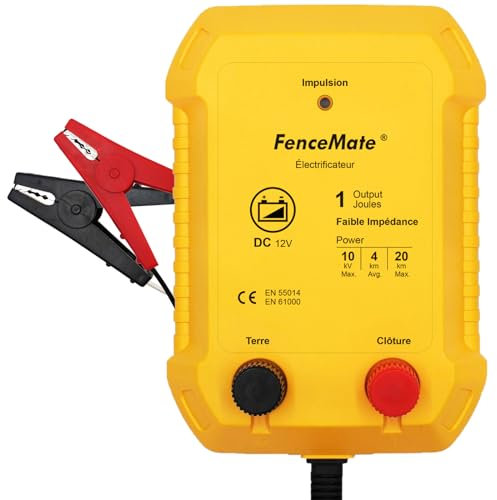 FenceMate Électrificateur clôture electrique batterie 12v, Sortie 1 Joule pour 4 à 25 km, faible impédance tension de pointe 10 kV pour volaille, bétail, animaux de compagnie