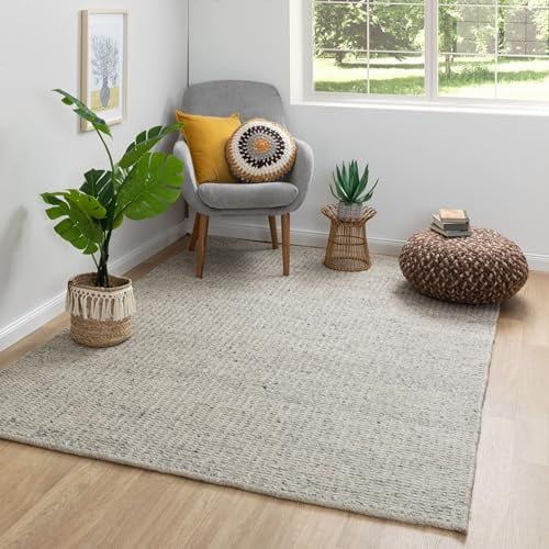 Steffensmeier Handweb Teppich Kornau | veredelte Schurwolle | Fusselstopp | Grau, handgewebt, Größe: 200x300 cm Wohnzimmer und Schlafzimmer