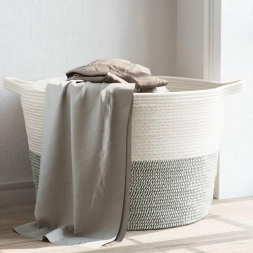 Wäschekorb Grau und Weiß Ø60x36 cm Baumwolle, CIADAZ Wäschesammler, Laundry Baskets, Wäschesortierer, Nützliche Gadgets, Wäsche Sortiersystem, Wäschetrenner - 358474